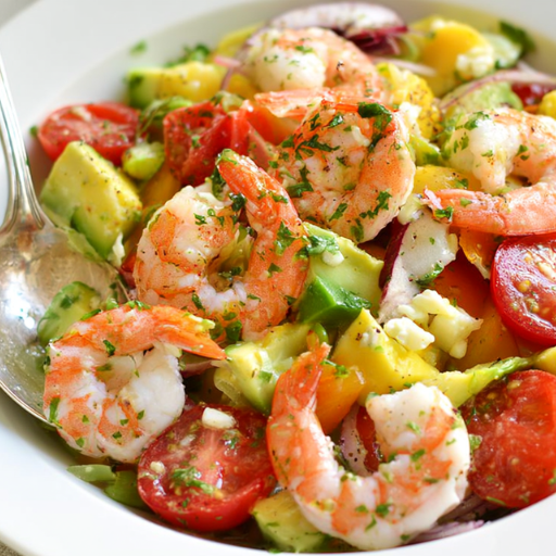 Salade grecque de tomates, avocats et crevettes