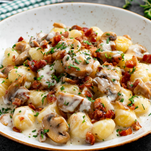 Gnocchis, sauce crémeuse aux champignons et pancettaGnocchis, sauce crémeuse aux champignons et pancetta